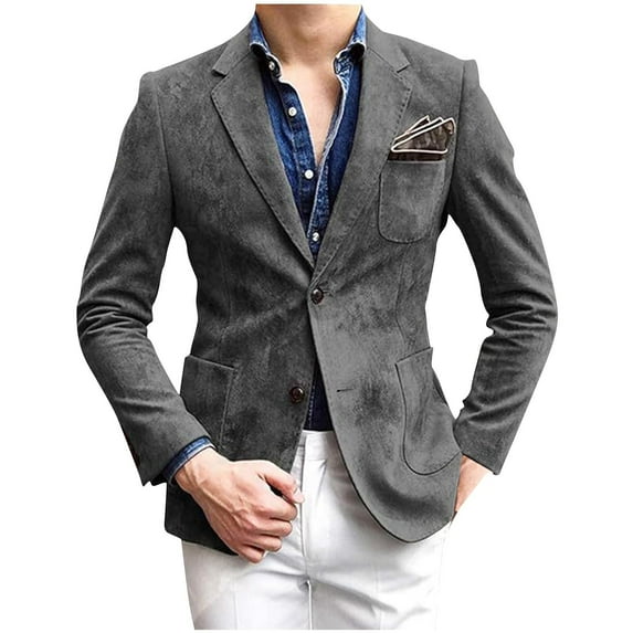 JUUYY Men's Blazer Suede Jacket Casual 2 Buttons Sport Coat Faux Leather Suit Slim Fit Party Work Buiness Clothes Gray M