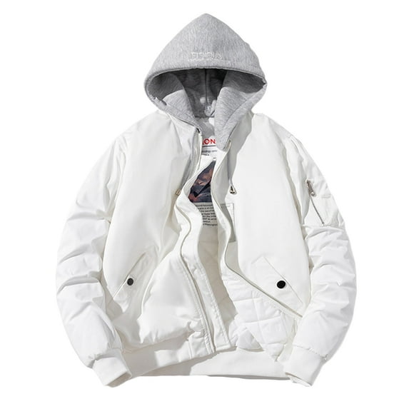 JUUYY Men's Bomber Jacket Solid Color Autumn Winter Jacket Vintage Hooded Baseball Coat Casual Windbreak Clothes White L