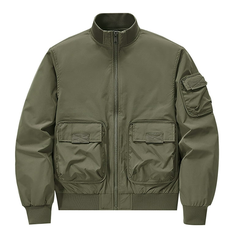 JUUYY Men's Bomber Jackets Fall Winter Cotton Zip Up Lightweight Vintage  Windbreaker Solid Color Flight Jacket Army Green XXXXL