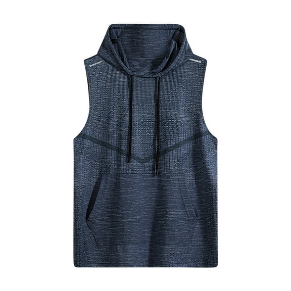 JUUYY Men's Breathable Hooded Tank Tops Basketball Running Training Cut Off T Shirt Sleeveless Workout Gym Hoodies Navy L