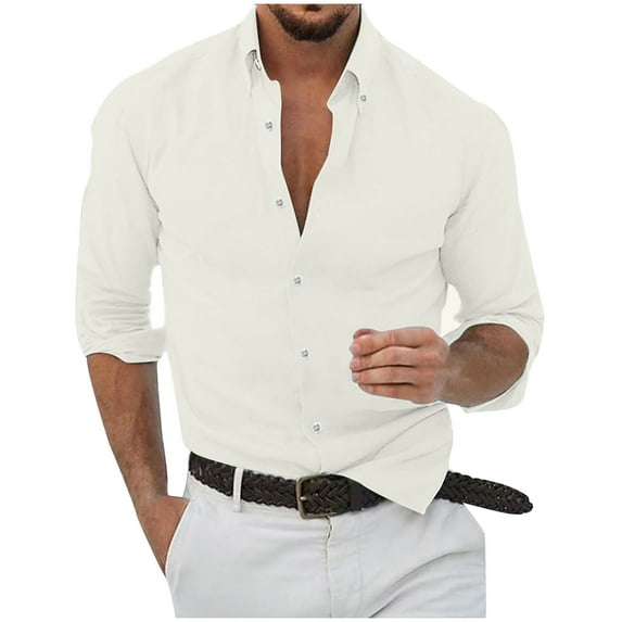 JUUYY Men's Button Down Shirt Casual Long Sleeve Business Casual Shirts Wrinkle Resistant Slim Fit Solid Color Dress Shirts White XXXL