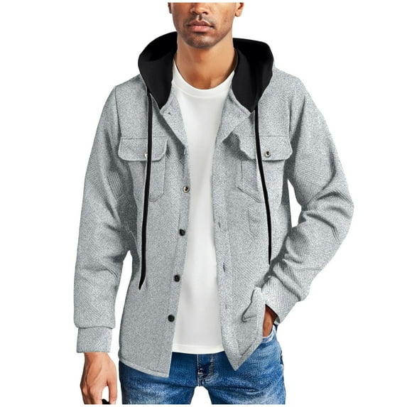 JUUYY Men's Button Down Shirt Jacket Textured Long Sleeve Casual Hooded Jacket Lightweight Overshirts with Flap Pockets Gray XXL