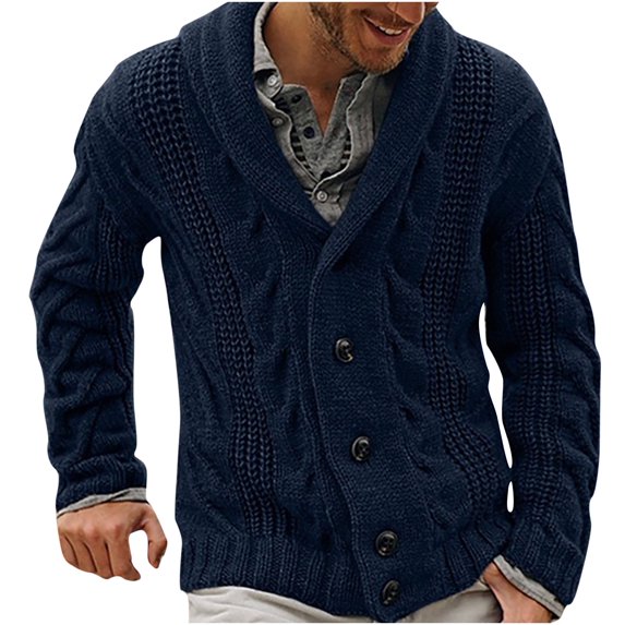 JUUYY Men's Cable Knit Cardigan Sweater Shawl Collar Loose Fit Long Sleeve Casual Cardigans Solid Color Clothes Dark Blue M