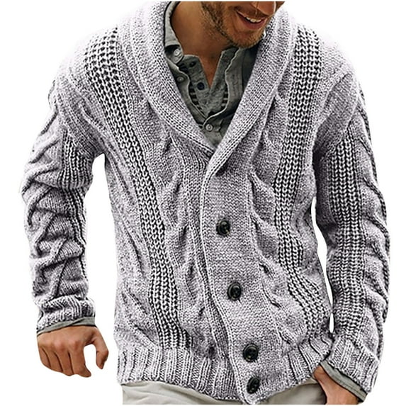 JUUYY Men's Cable Knit Cardigan Sweater Shawl Collar Loose Fit Long Sleeve Casual Cardigans Solid Color Clothes Gray XL