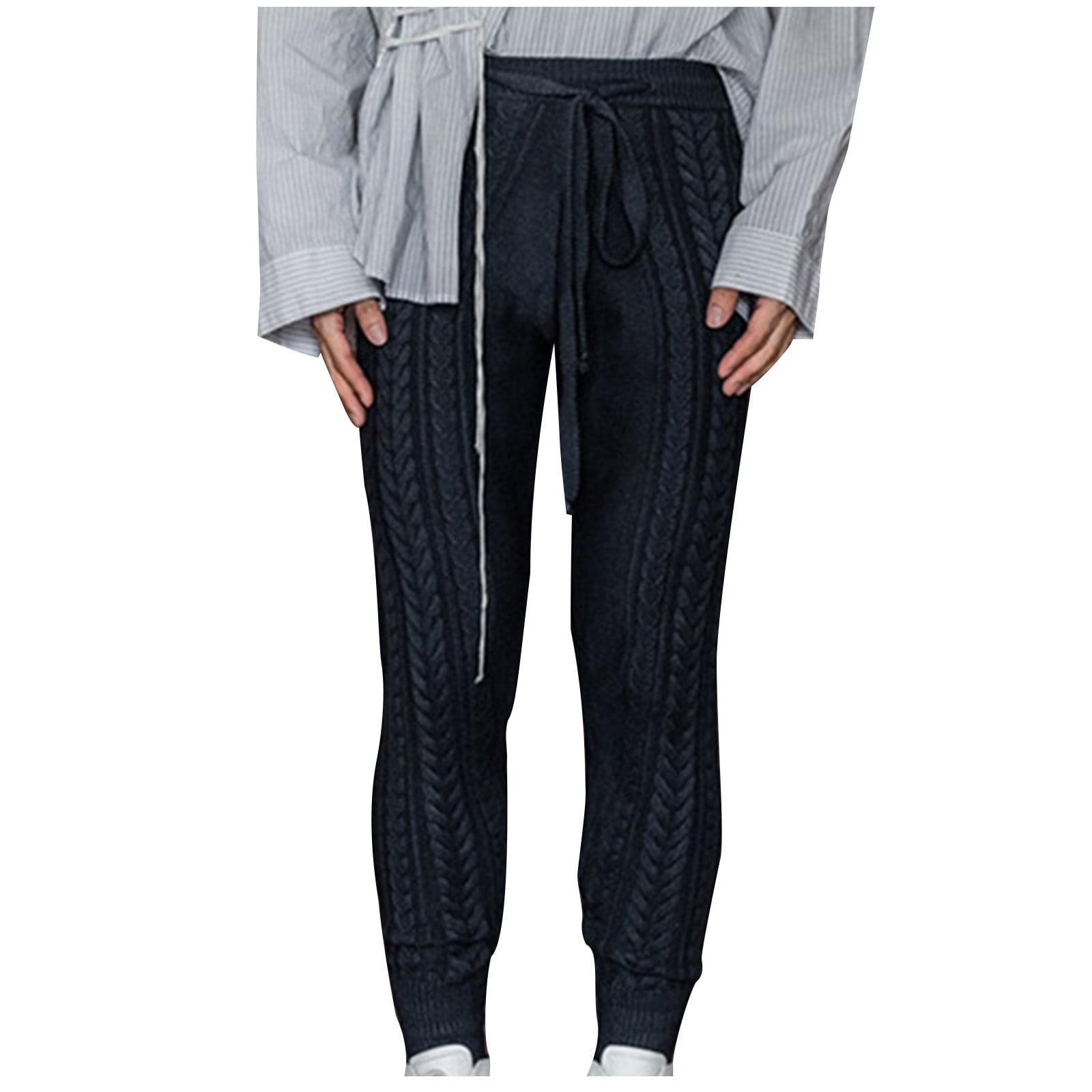 JUUYY Men s Cable Knit Sweater Pants Solid Color Chunky Knit Joggers Pants Drawstring Elastic Waist Slim Fit Bottoms m Trousers Black XXL