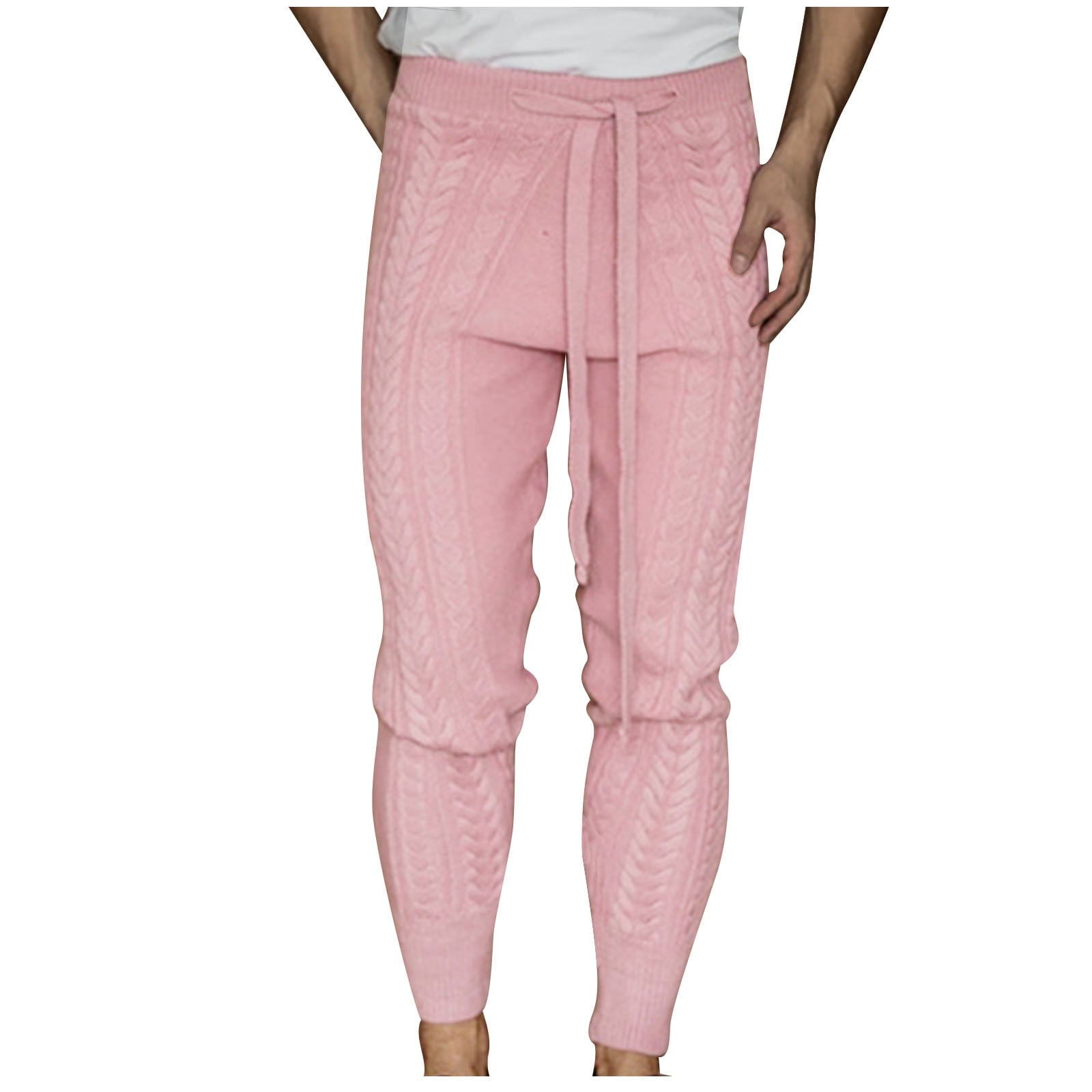 JUUYY Men s Cable Knit Sweater Pants Solid Color Chunky Knit Joggers Pants Drawstring Elastic Waist Slim Fit Bottoms m Trousers Pink M
