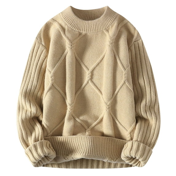 JUUYY Men's Cable Knit Sweater Women Vintage Chunky Cream Sweater Woven Crewneck Knitted Pullover Khaki L