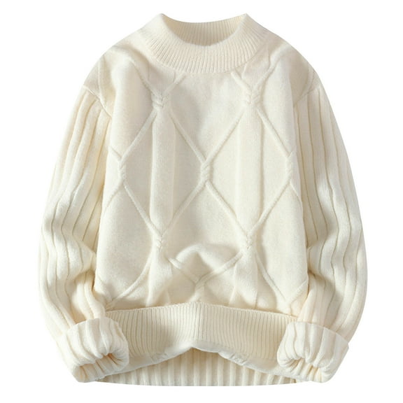 JUUYY Men's Cable Knit Sweater Women Vintage Chunky Cream Sweater Woven Crewneck Knitted Pullover White M