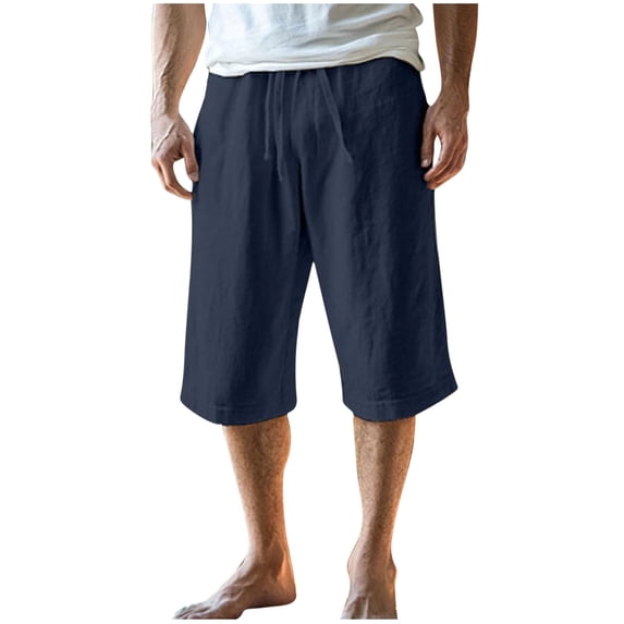 JUUYY Men's Capri Pants Casual Summer Drawstring Waist Solid Color Loose Breathable Straight Leg Cropped Beach Pants with Pockets Navy XXXL