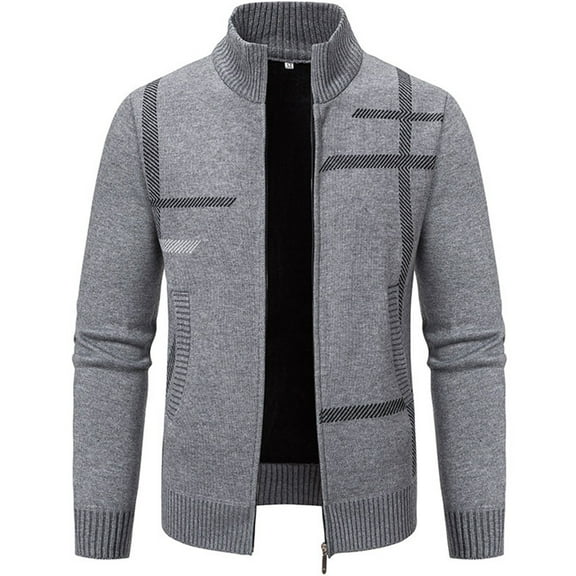 JUUYY Men's Cardigan Sweaters Full Zip Up Stand Collar Slim Fit Casual Knitted Sweater with 2 Pockets Stripe Knit Trendy Winter Warm Clothes Gray XL