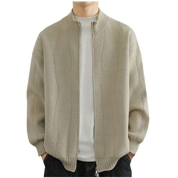 JUUYY Men's Cardigan Sweaters Solid Color Wool Full Zip Up Lapel Casual Loose Warm Basic Knitted Sweater Coat Beige M