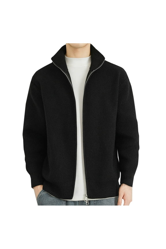 Men's Cardigan Sweaters Solid Color Wool Full Zip Up Lapel Casual Loose Warm Basic Knitted Sweater Coat Black XXXL