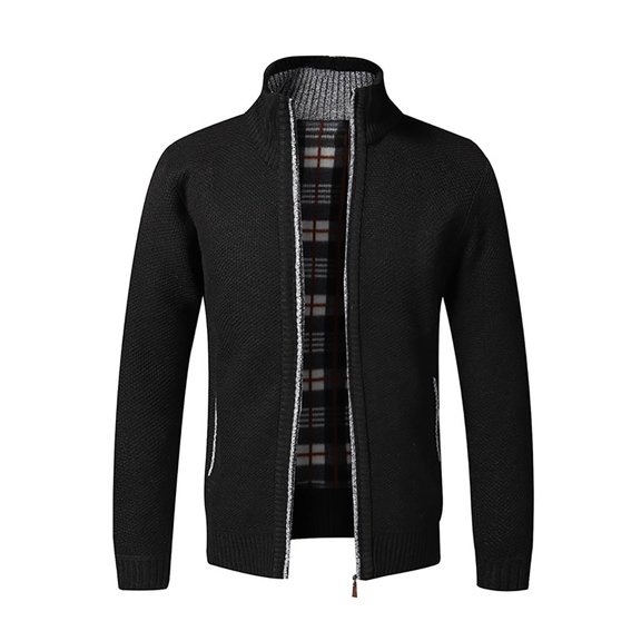JUUYY Men's Cardigan Sweaters with Zipper Shawl Collar Cardigan Slim Fit Button Cable Knit Long Sleeve Solid Color Sweater Coat Black XXXXL