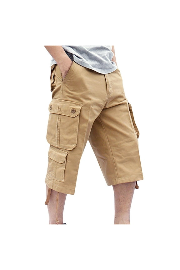 Men's Cargo Capris Soft Cropped Pants Cotton Loose Multi Pockets Casual Spandex Mid Rise Button Fly Pocket Gaucho Khaki 36