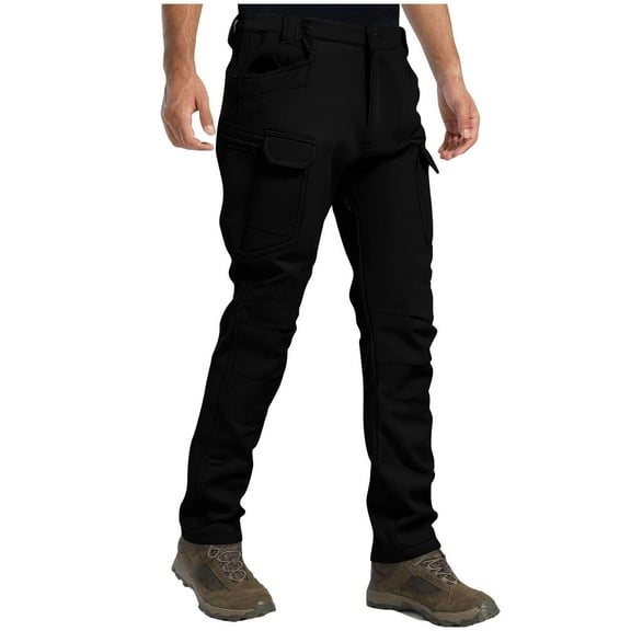 JUUYY Men's Cargo Pants Fleece Lined Thickened Winter Snow Ski Pants Casual Warm Outdoor Hiking Fishing Work Pants with Multi-Pockets Black S