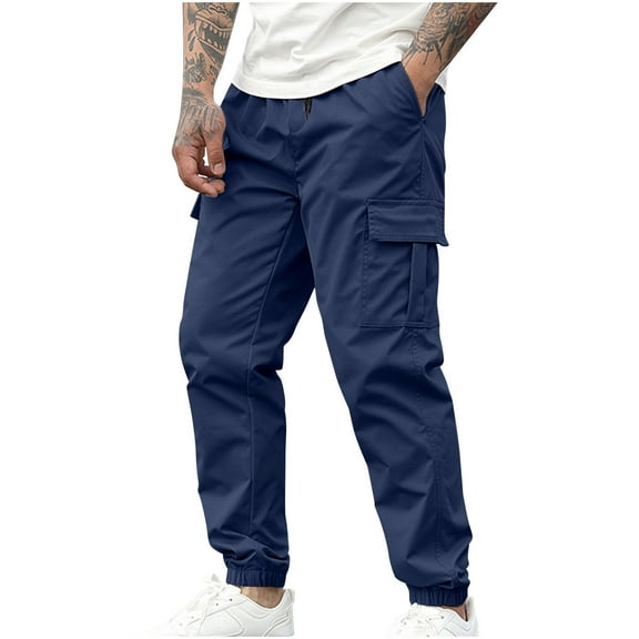 JUUYY Men's Cargo Pants Loose Fit Elastic Waist Casual Hiking Pants Drawstring Ankle Cuff Multi-Pockets Outdoor Work Pants Navy S
