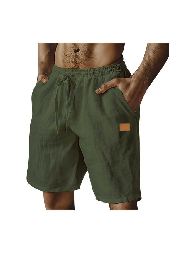 Men's Casual Beach Shorts Loose Fit Solid Pocket Drawstring Elastic Waist Comfortable Summer Breathable Cotton Linen Shorts Green L