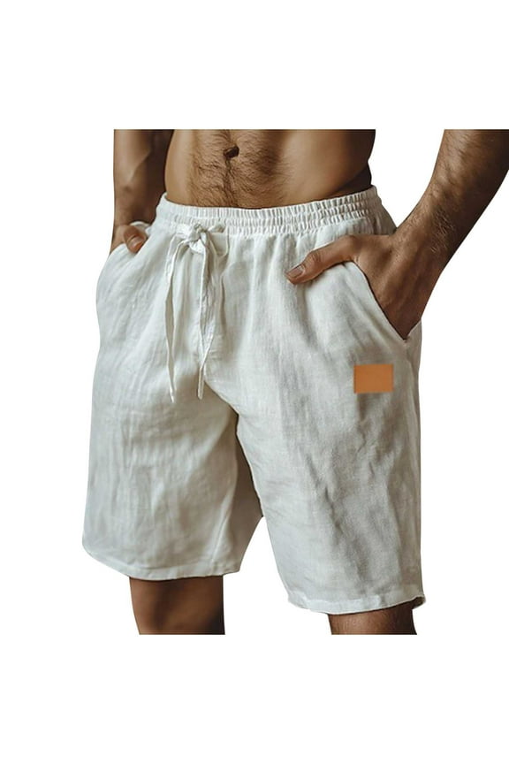 Men's Casual Beach Shorts Loose Fit Solid Pocket Drawstring Elastic Waist Comfortable Summer Breathable Cotton Linen Shorts White XL