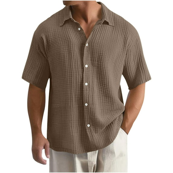 JUUYY Men's Casual Button Down Textured Shirt Relaxed Fit Short Sleeve Turndown Collar Solid Color Summer Breathable Beach Shirt Tops Coffee M