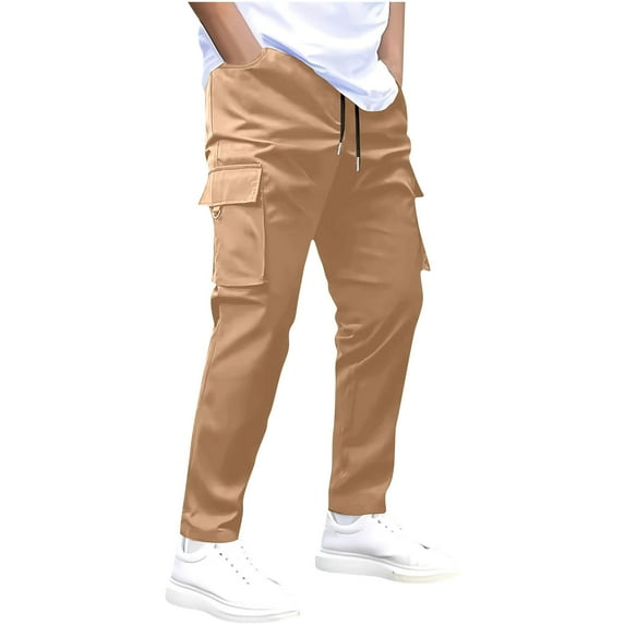 JUUYY Men's Casual Cargo Pants Regular Fit Drawstring Elastic Waist Stretch Multi Pocket Straight Leg Outdoor Hiking Work Pants Khaki XXL