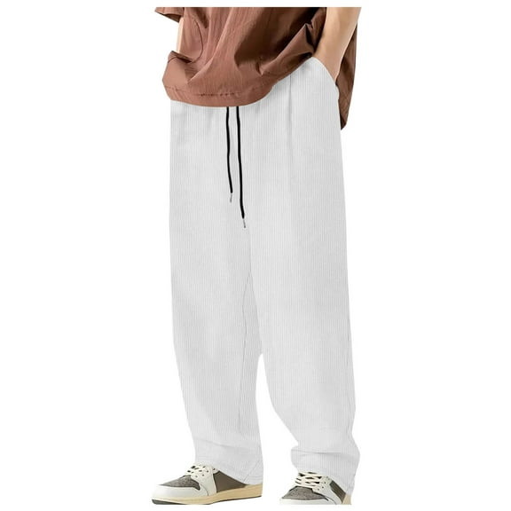 JUUYY Men's Casual Corduroy Pants Loose Fit Elastic Waist Drawstring Straight Pants Wide Leg Athletic Baggy Sweatpants with Pockets White XL