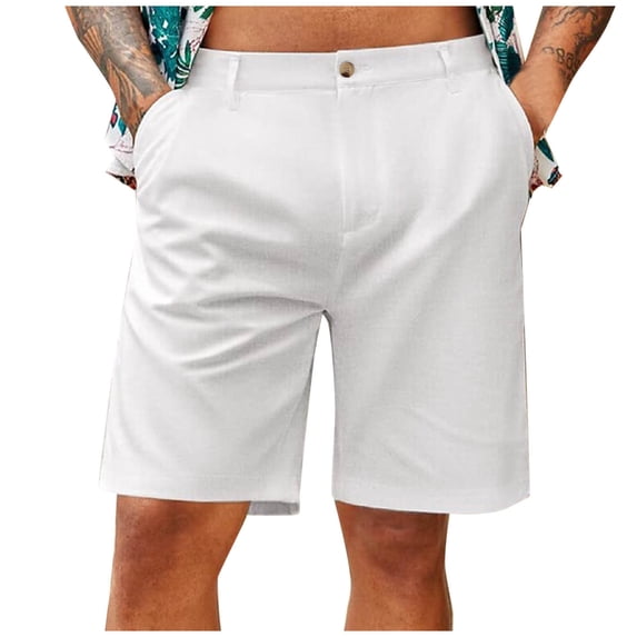 JUUYY Men's Casual Flax Shorts Pants Regular Fit Solid Color Button Pocket Straight Leg Summer Beach Shorts White S
