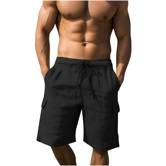 JUUYY Men's Casual Flax Workwear Shorts Summer Beach Pants Solid Color Regular Shorts Multiple Pockets Drawstring Short Black XXXL