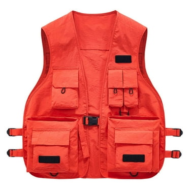 JUUYY Men's Casual Lightweight Outdoor Fishing Work Safari Travel Photo Cargo Vest Solid Color Jacket Multi Pockets Orange XXL