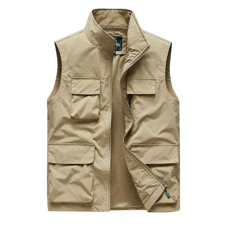 JUUYY Men s Casual Lightweight Outdoor Vest Work Fish Photo Travel Vest Cargo Solid Color Utility Vest Multi Pockets Sleeveless Jacket Khaki XXXXXL Walmart