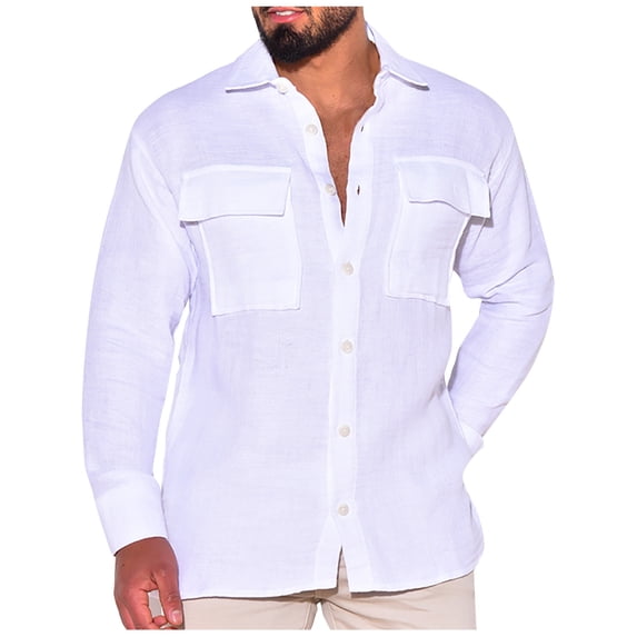 JUUYY Men's Casual Linen Long Sleeve Button Turndown Collar Blouses Solid Color Shirts with 2 Pockets White M