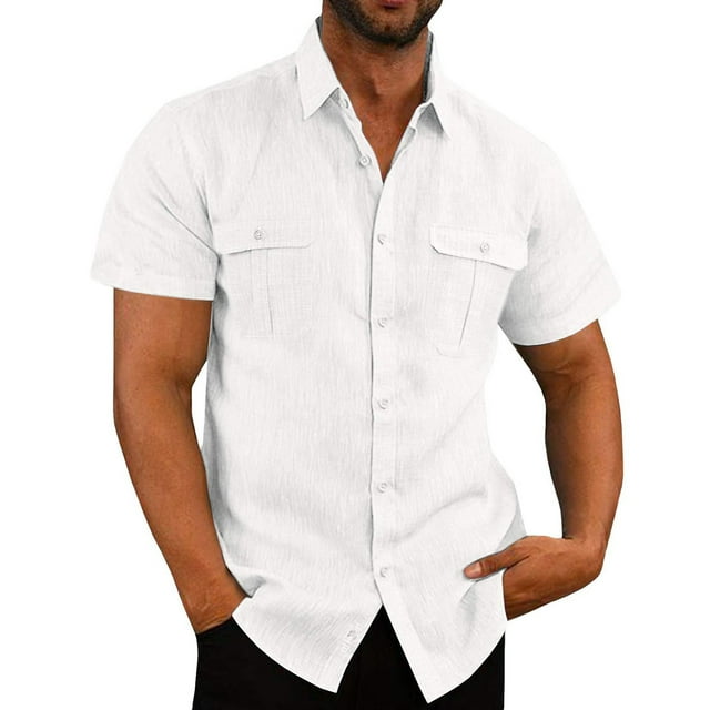 JUUYY Men's Casual Linen Shirts Short Sleeve Button Down Hawaiian Style ...