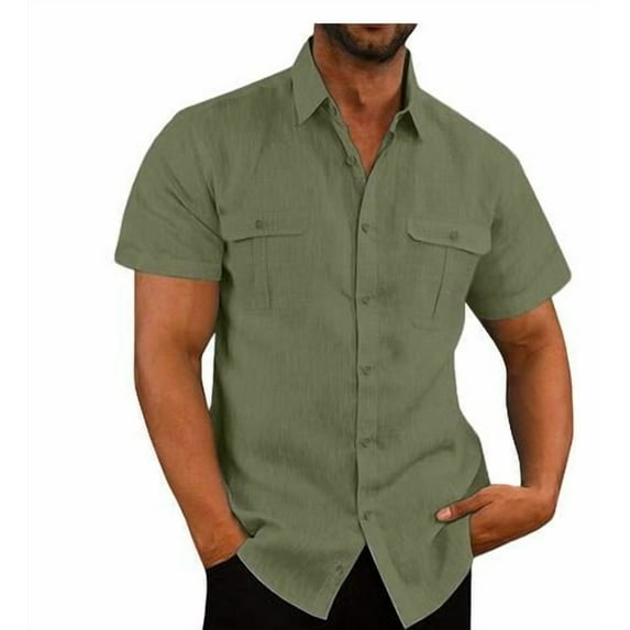 JUUYY Men's Casual Linen Shirts Short Sleeve Button Down Hawaiian Style Cotton T-Shirts Tops Big and Tall Regular Fit Holiday Beach Vacation Tees Shirt with Double Pockets Army Green L