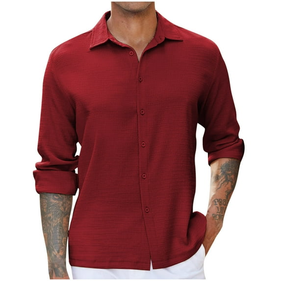 JUUYY Men's Casual Long Sleeve Button Down Shirt Solid Color Textured Wrinkle-Free Untucked Shirt Red L