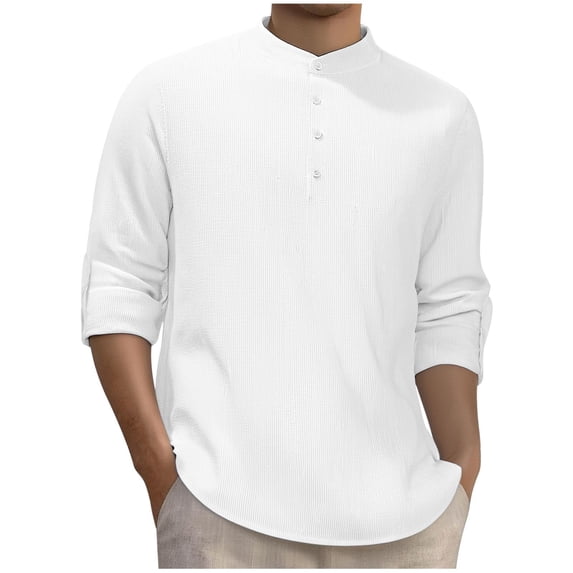 JUUYY Men's Casual Long Sleeve Shirt Button Up Mock Neck Striped Shirt Loose Fit Base Layer Tops Business Leisure Shirts White XXL