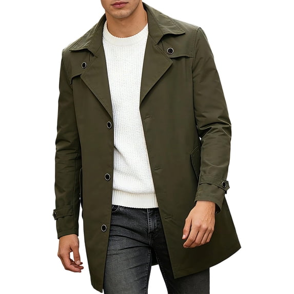JUUYY Men's Casual Mid Length Trench Coat Long Sleeve Notched Lapel Button Down Solid Outdoor Windproof Jacket Coats with Pockets Army Green S