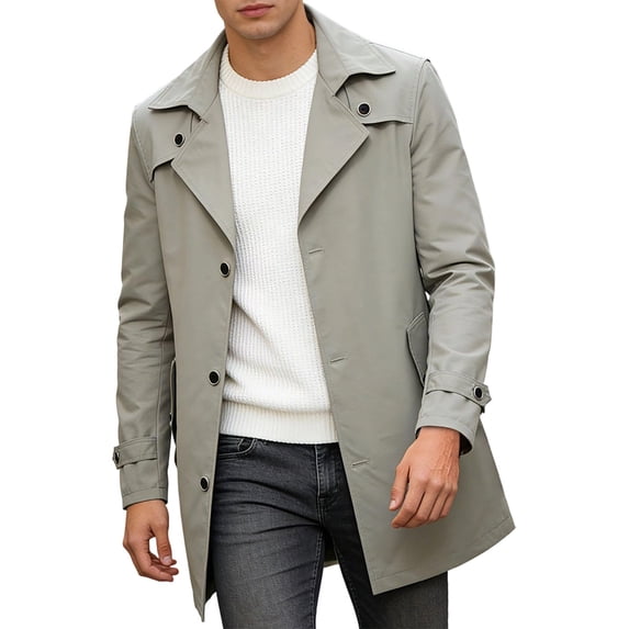 JUUYY Men's Casual Mid Length Trench Coat Long Sleeve Notched Lapel Button Down Solid Outdoor Windproof Jacket Coats with Pockets Gray XXL