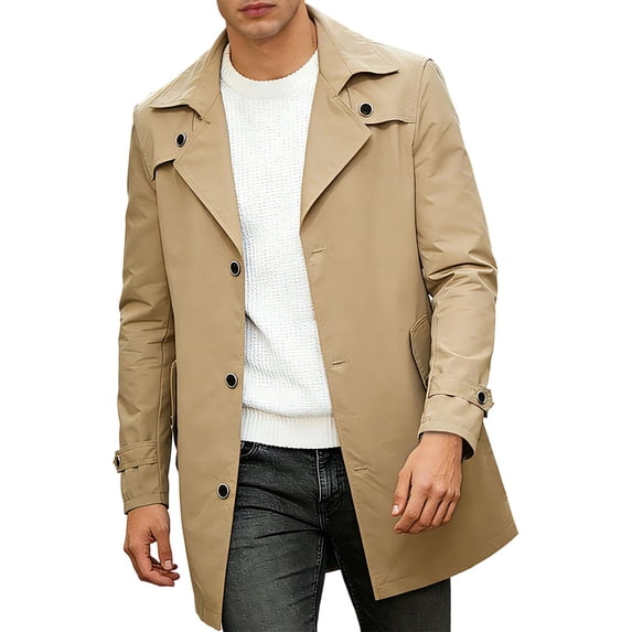 JUUYY Men's Casual Mid Length Trench Coat Long Sleeve Notched Lapel Button Down Solid Outdoor Windproof Jacket Coats with Pockets Khaki XXL