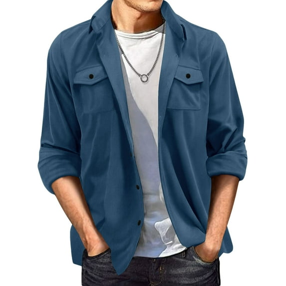 JUUYY Men's Casual Shirt Jacket Long Sleeve Suede Shirts Shacket Wrinkle-Free Lightweight Work Coat Button Down Solid Color Overshirt Top Blue M