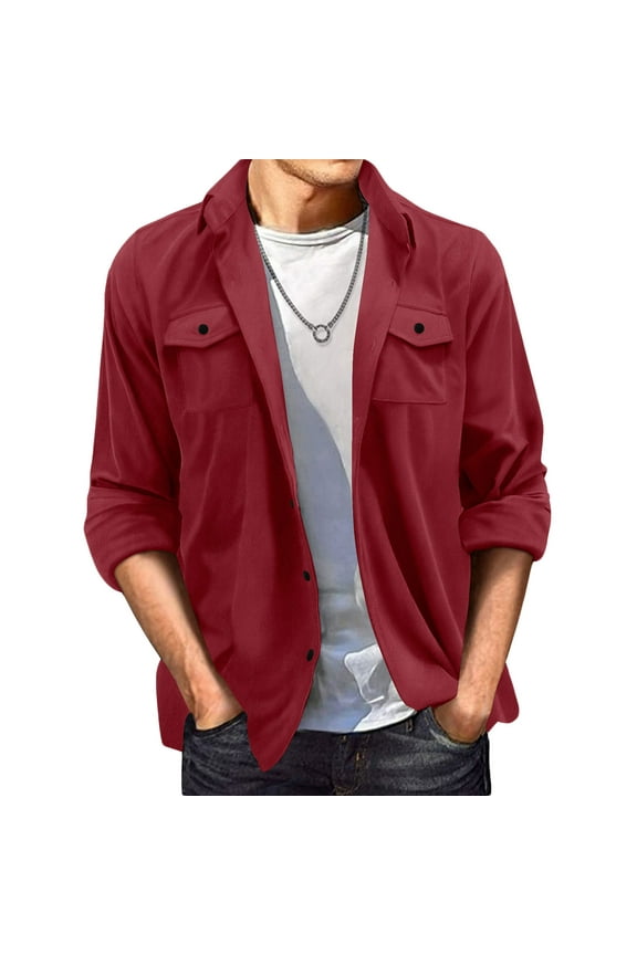 Men's Casual Shirt Jacket Long Sleeve Suede Shirts Shacket Wrinkle-Free Lightweight Work Coat Button Down Solid Color Overshirt Top Wine M