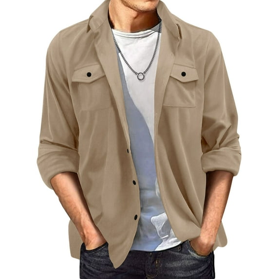 JUUYY Men's Casual Shirt Jacket Long Sleeve Suede Shirts Shacket Wrinkle- Lightweight Work Coat Button Down Solid Color Overshirt Top Khaki XL