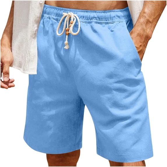 JUUYY Men's Casual Solid Color Cotton Linen Drawstring Pockets Elastic Waist Flat Front Loose Fit Comfy Breathable Shorts Light Blue M