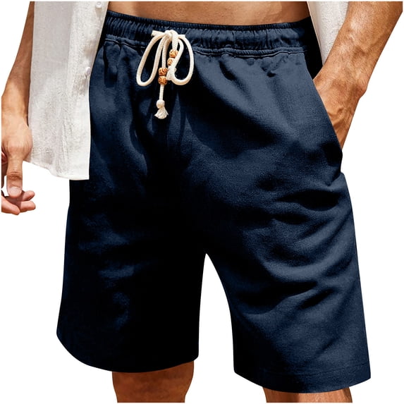 JUUYY Men's Casual Solid Color Cotton Linen Drawstring Pockets Elastic Waist Flat Front Loose Fit Comfy Breathable Shorts Navy M