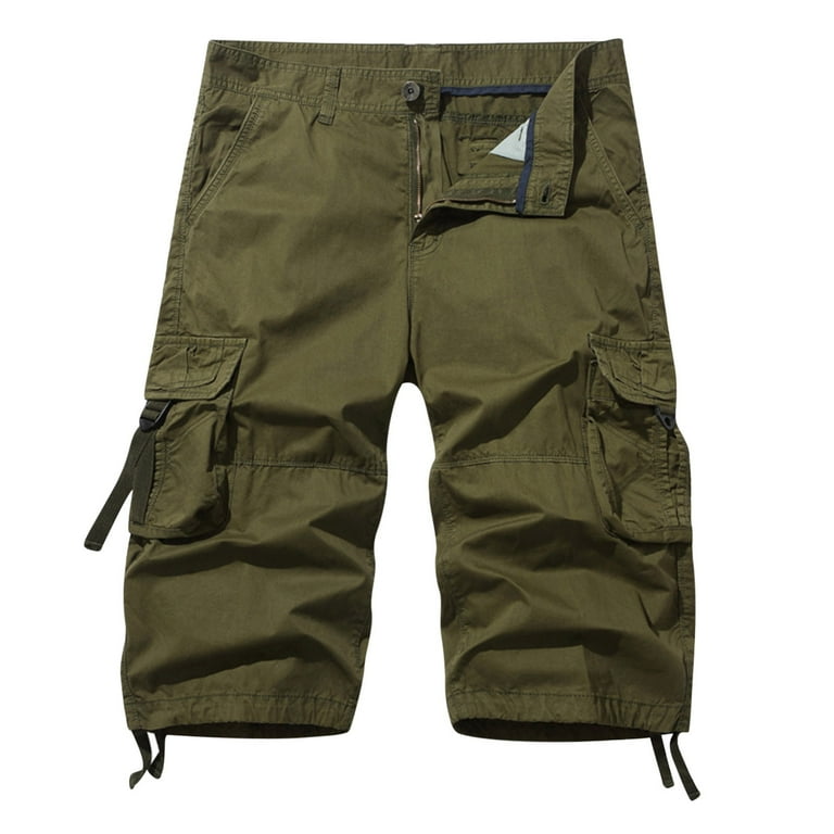 JUUYY Men's Casual Solid Color Outdoors Sports Multi Pockets Knee Lenght  Straight Shorts Army Green M