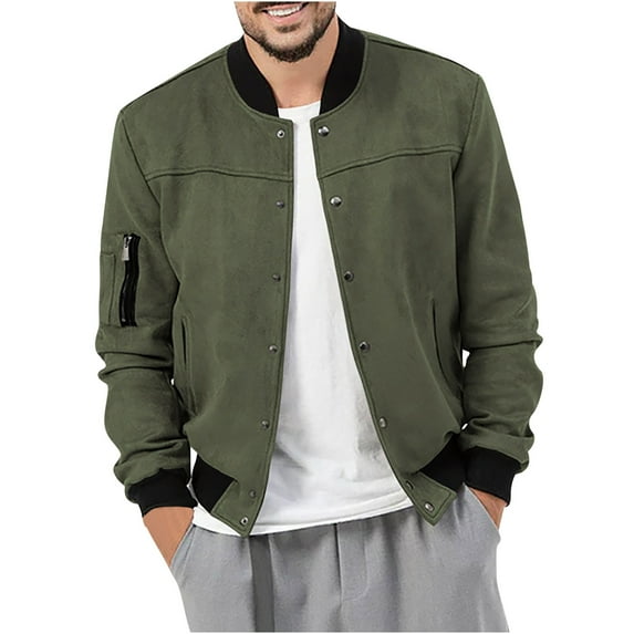 JUUYY Men's Casual Varsity Jacket Long Sleeve Button Down Cardigan Vintage Suede Solid Color Bomber Jackets Green S