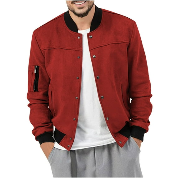 JUUYY Men's Casual Varsity Jacket Long Sleeve Button Down Cardigan Vintage Suede Solid Color Bomber Jackets Red XXXL