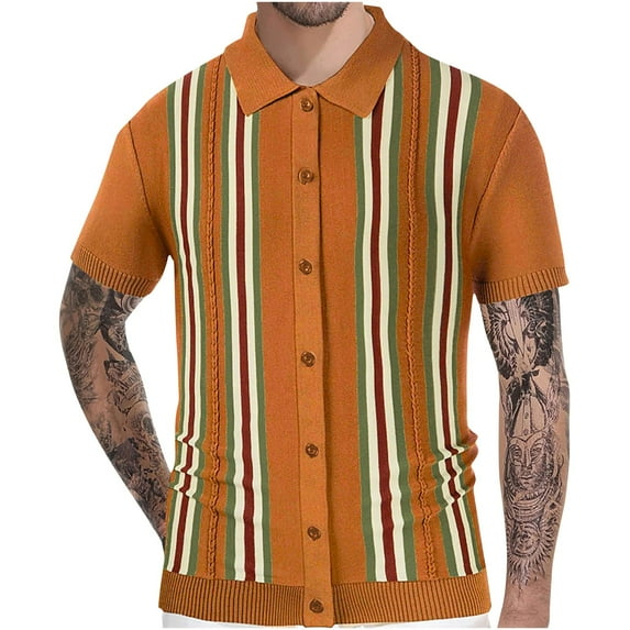 JUUYY Men's Casual Vintage Striped Button Down Knitted Golf Shirts Summer Short Loose Casual Outdoor Shirt Brown L