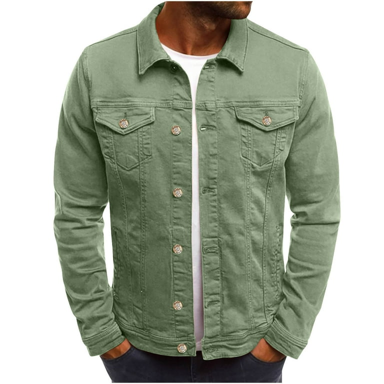 JUUYY Men s Casual Winter Button Vintage Classic Denim Jacket Solid Color Slim Fit Fashion Jean Coat Army Green XL Walmart