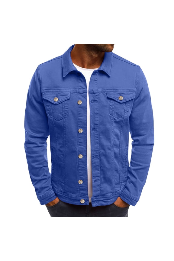 Men's Casual Winter Button Vintage Classic Denim Jacket Solid Color Slim Fit Fashion Jean Coat Blue XXXL