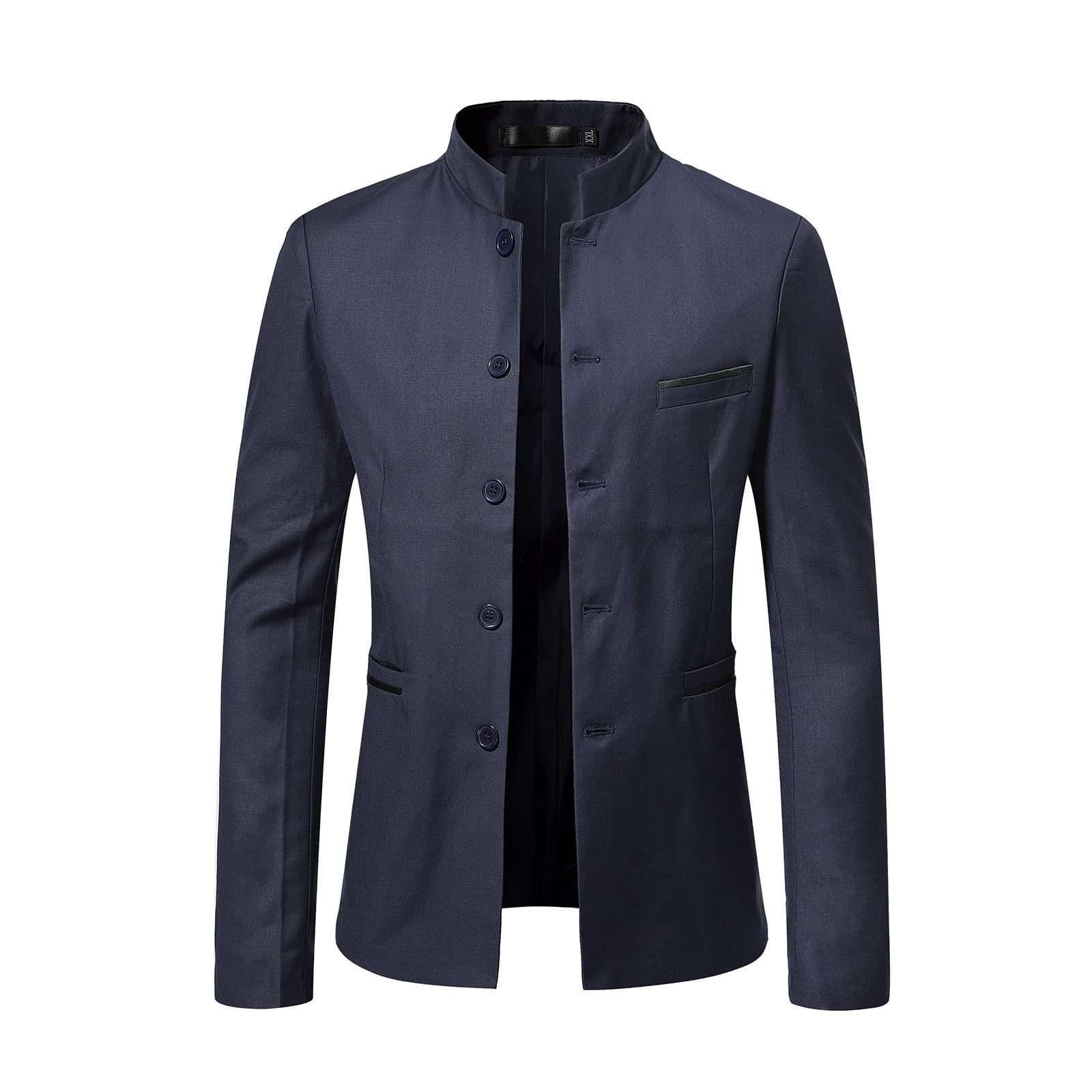 JUUYY Men s Chinese Tunic Suits Mandarin Collar Formal Suit Jacket Solid Color Slim Fit Front Button Blazer Traditional Uniform Blue XXXXL