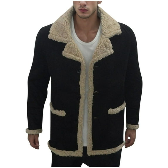 JUUYY Men's Classic Sheepskin Shearling Leather Jacket Solid Color Winter Warm Coat Black M